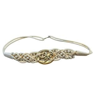 Vintage 80s Belt Women Size 1X White Gold Tone Braided Woven Glam Rock Beaded